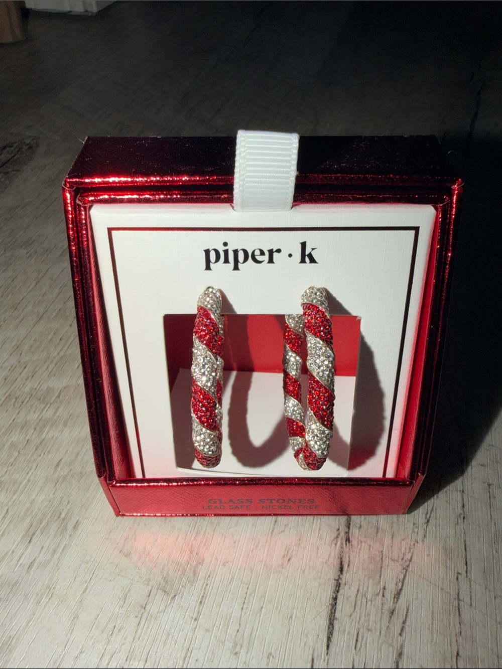 Piper·K Red and Silver Twisted Candy Cane Hoop Earrings - Picture 2 of 6